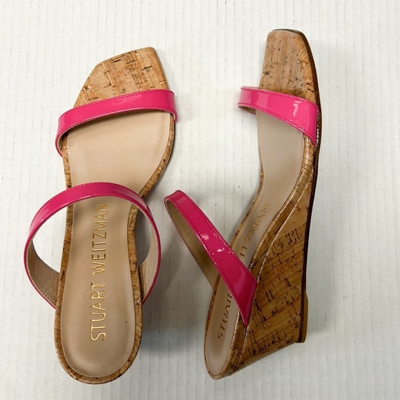 Stuart Weitzman Aleena 50 Hot Pink Cork Wedge Slide Sandals